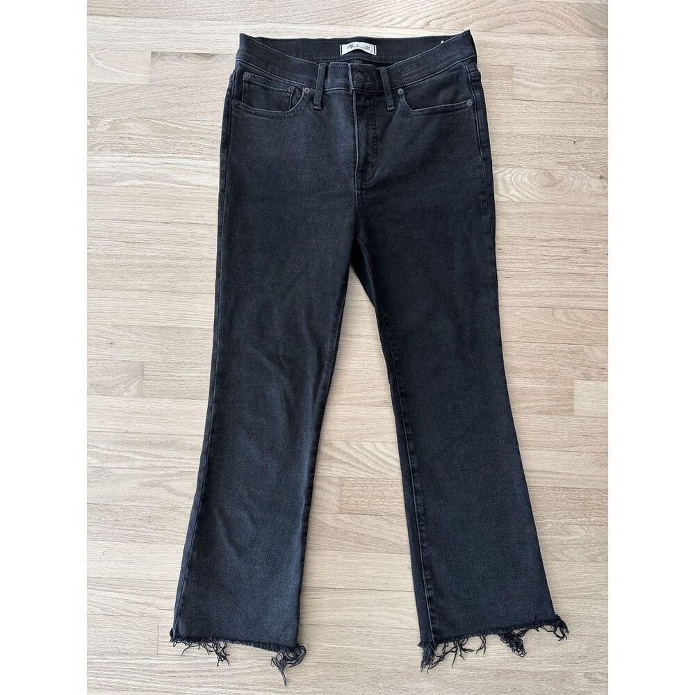 Madewell Cali Demi Boot Jeans 29 Cropped Raw Hem Mini Flare Black Denim Stretch